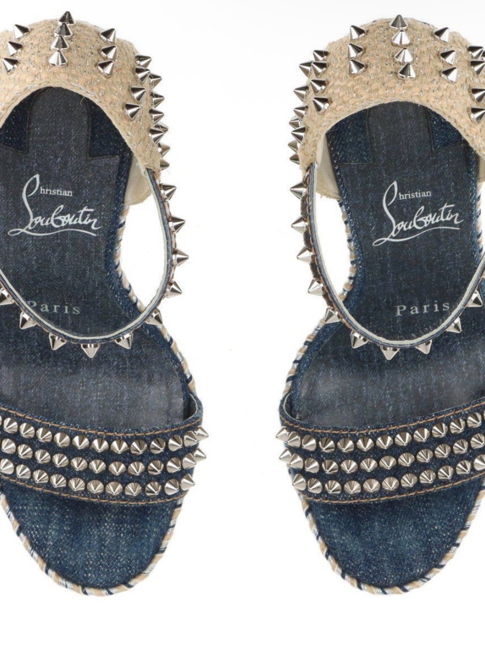 Christian Louboutin Denim & Natural Espadrille Wedge Sandals with Studs - Picture 4 of 9